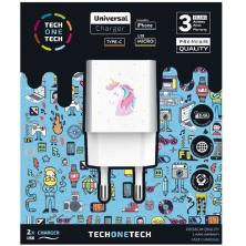 Cargador de Pared Tech One Tech Unicornio Dream/ 2xUSB/ 2.4A/ Blanco