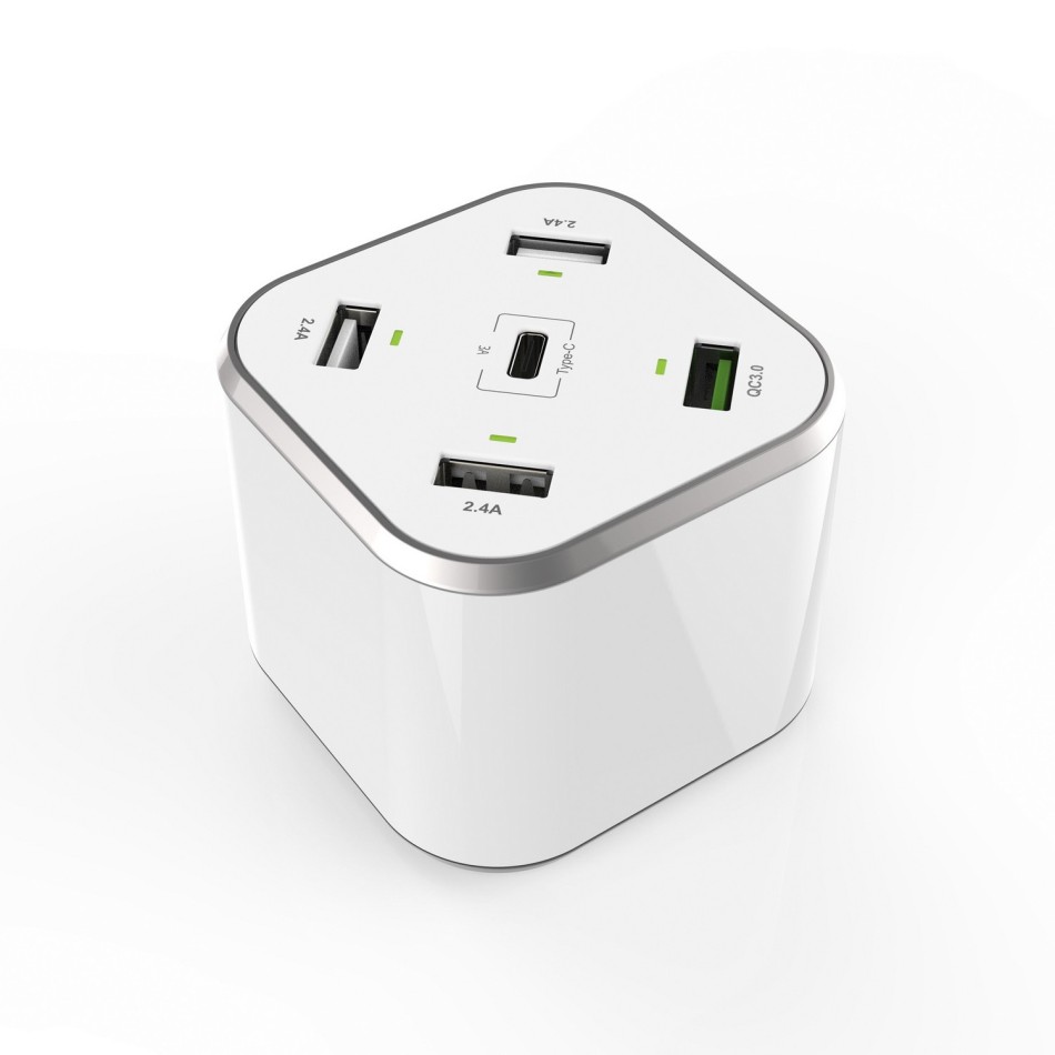 AISENS Cargador 48W 5 Puertos 3x USB-A 1x USB-C 1x USB QC3.0, Blanco