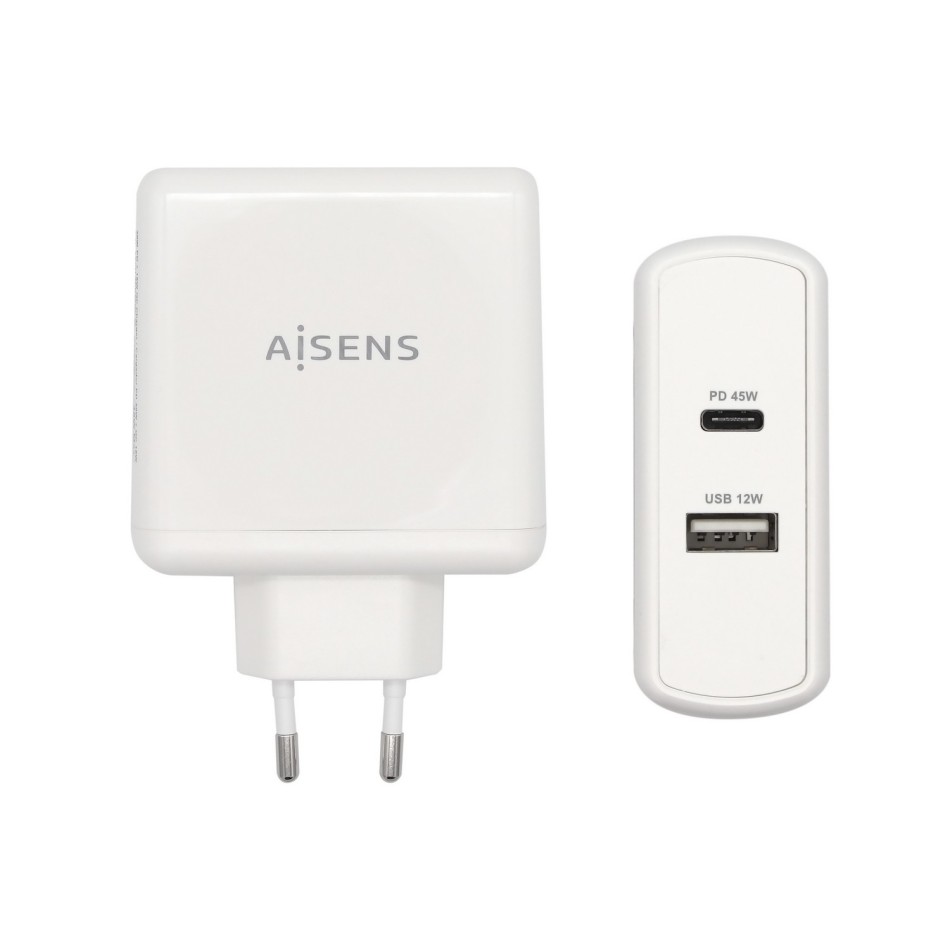 AISENS Cargador 57 W, 1x USB-C PD3.0 45 W, 1x USB-A 5 V 2.4 A 12 W, Blanco