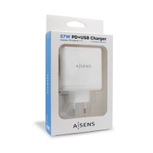 AISENS Cargador 57 W, 1x USB-C PD3.0 45 W, 1x USB-A 5 V   2.4 A 12 W, Blanco