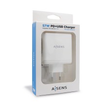 AISENS Cargador 57 W, 1x USB-C PD3.0 45 W, 1x USB-A 5 V 2.4 A 12 W, Blanco