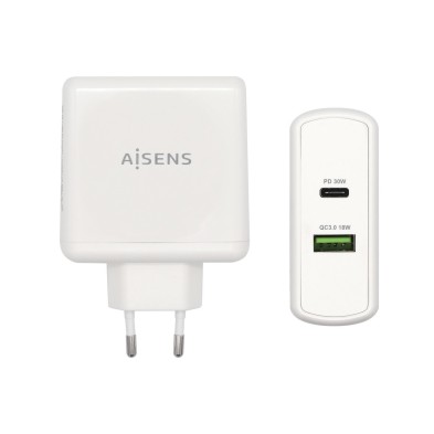 Cargador AISENS | 48 W | 1x USB C PD3.0 30 W | 1x USB A QC3.0 18 W | Blanco
