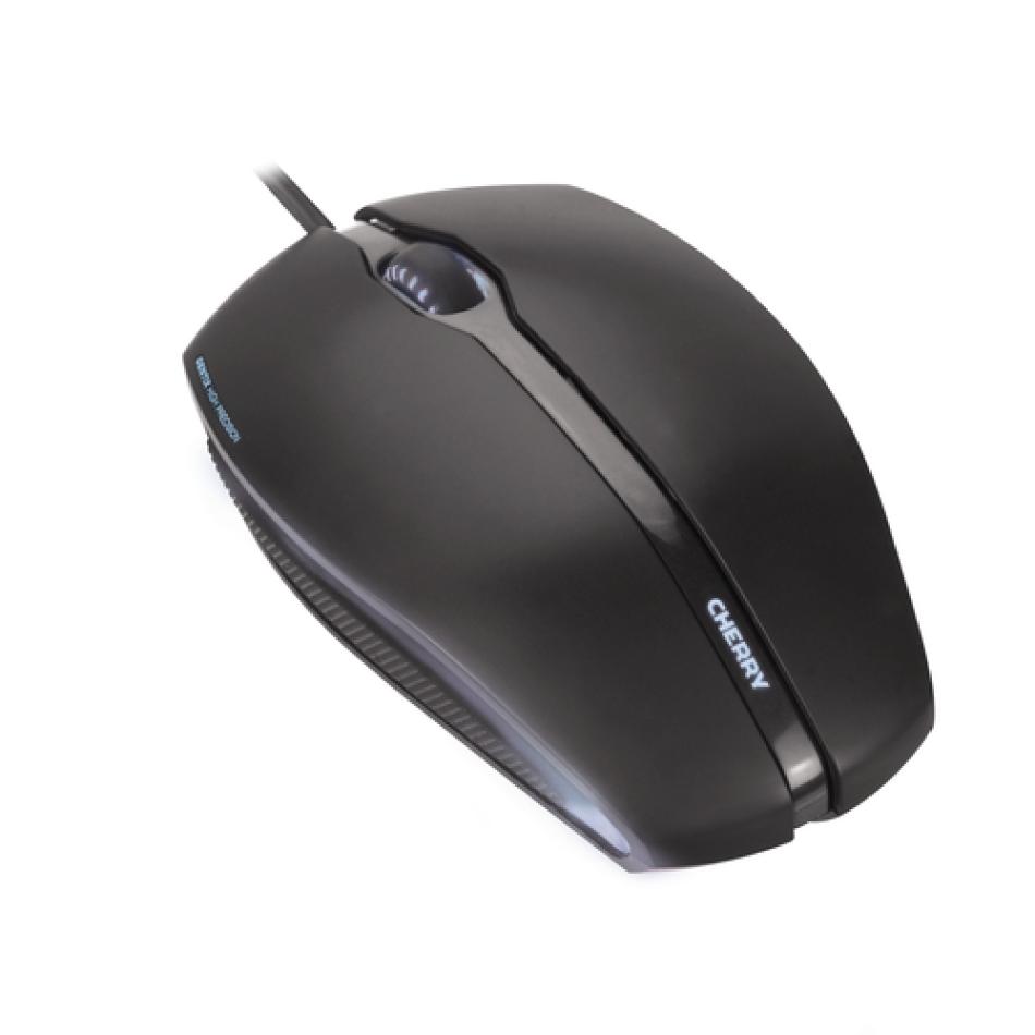 Ratón CHERRY Gentix Illuminated negro, vista superior con iluminación azul