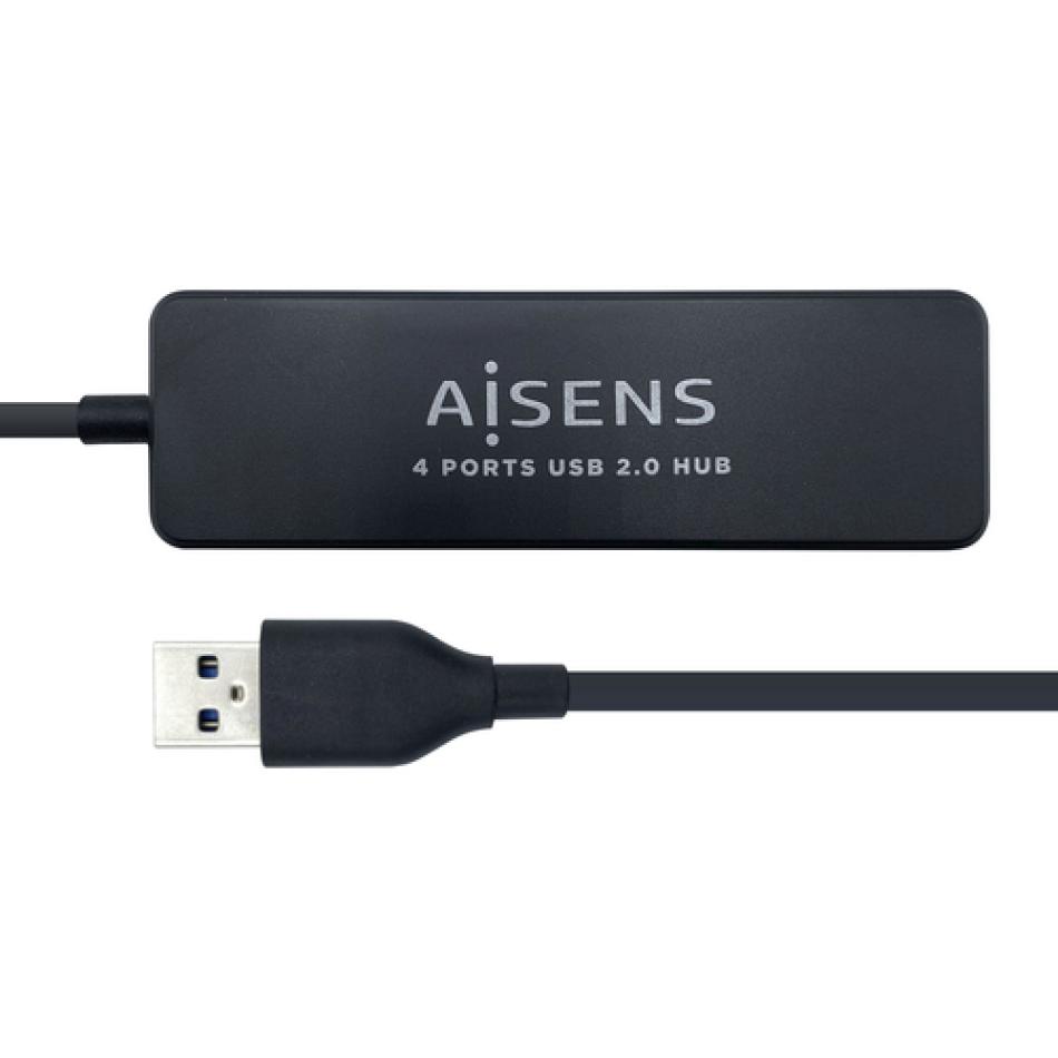 AISENS Hub USB 2.0, Tipo A/M - 4 x Tipo A/H, Negro, 30 cm