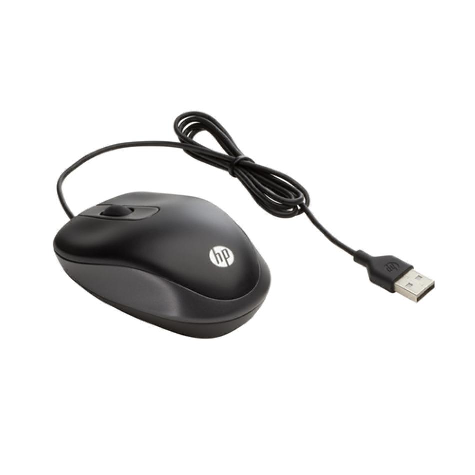 Ratón de viaje HP negro, vista superior con cable USB