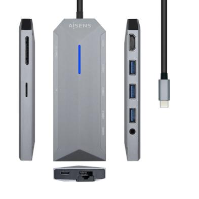 ADAPTADOR AISENS |  USB-C 9 en 1 | USB-C a 1x HDMI | 1xRJ45 | 3x USB | 1x PD | 1x Audio | 1x SD | 1x Micro SD | 15CM |  Gris