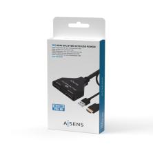 AISENS HDMI Duplicador 4K@30HZ 1×2 con Alimentación USB y Cable, Negro, 30 cm