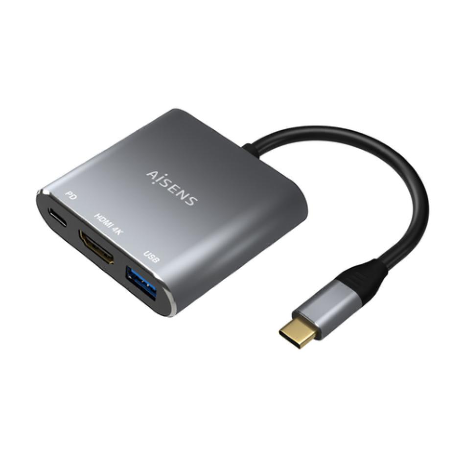 AISENS Conversor USB-C a HDMI/USB-C/Tipo A USB 3.0, 3 en 1, Gris, 15cm