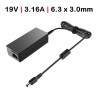 CARGADOR PARA TOSHIBA | SATELLITE | 60W | 19V | 3.16A | 6.3 X 3.0MM | NEGRO