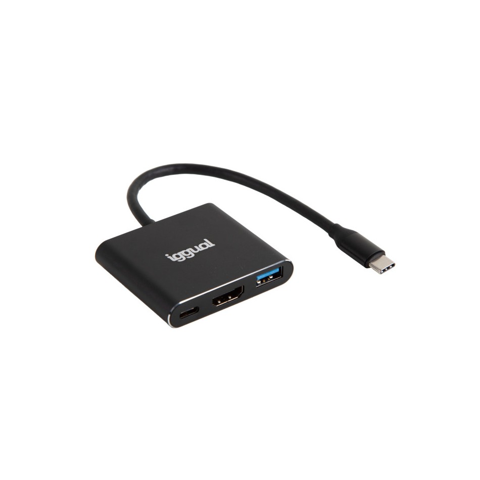 ADAPTADOR USB | IGGUAL | HUB 3 EN 1 | DISPOSITIVOS | USB C - HDMI - USB A | NEGRO