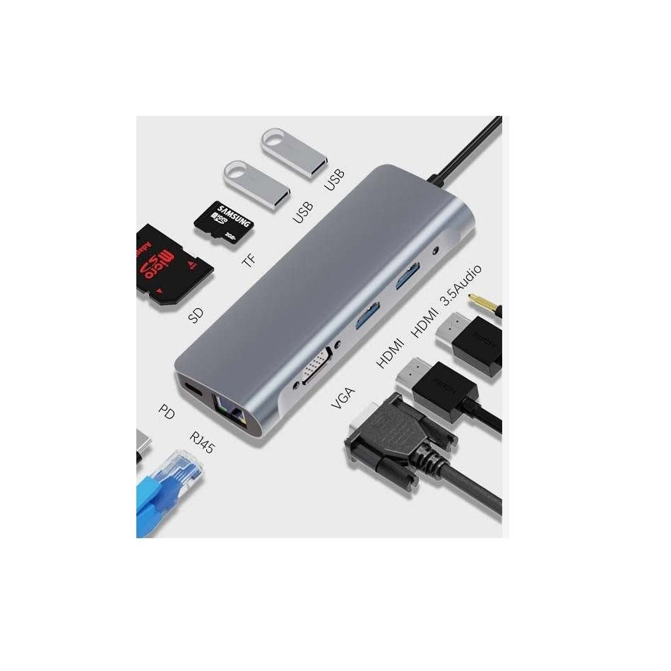 ADAPTADOR USB | ZEROMAX | 10 EN 1 | DISPOSITIVOS | USB C - HDMI - RJ45 | PLATA