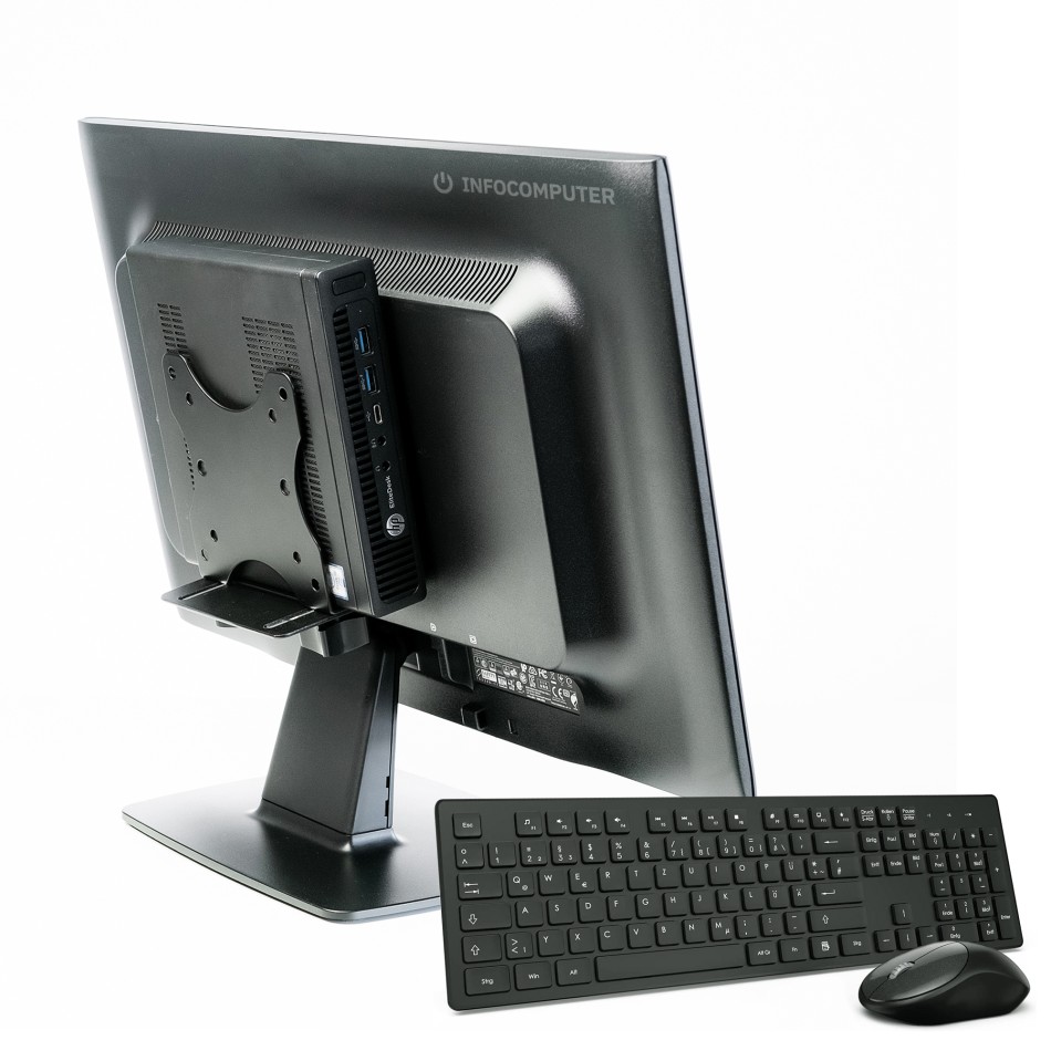 Ordenador reacondicionado HP 800 G2 Mini PC 6500 con pantalla y soporte para mini PC.