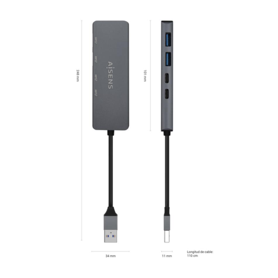 AISENS Hub USB3.2 Gen1 5G USB-A, USB-A/M-2xUSB-C/H-2xUSB-A/H, Gris, 15cm