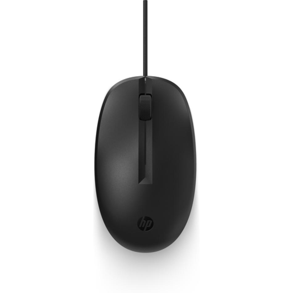 Ratón con cable HP 128 negro, vista superior con cable USB