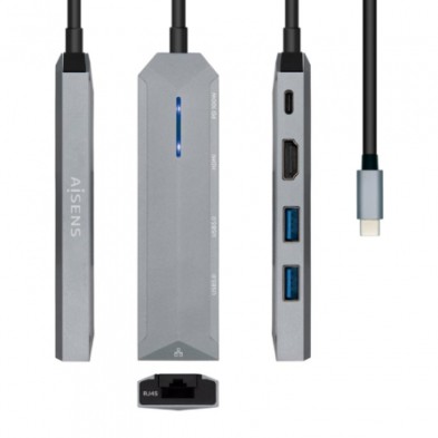 USB C dock 5 en 1 AISENS | USB-C a 1xHDMI | 1xRJ45 | 2xUSB | 1xPD | 15 cm | Gris