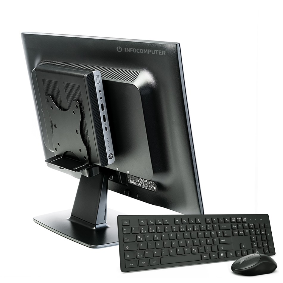 Ordenador reacondicionado HP EliteDesk 800 G3 Mini PC Core i5 6500T con monitor, soporte, teclado y ratón.