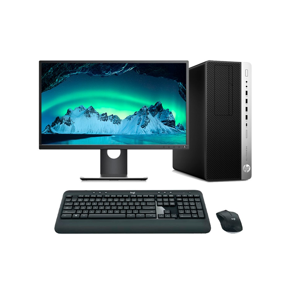 Ordenador reacondicionado HP 800 G3 MT i5 6500 con pantalla de 24", teclado y ratón.
