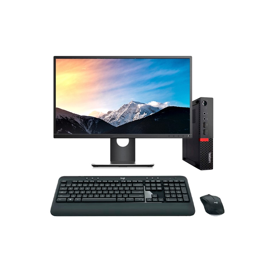 Ordenador reacondicionado Lenovo M910Q Mini PC i5 7500T con monitor, teclado y ratón.
