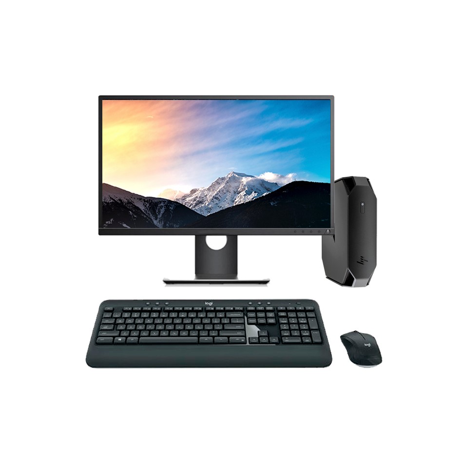 Ordenador reacondicionado HP Z2 G4 Mini PC 8600 con pantalla, teclado y ratón.