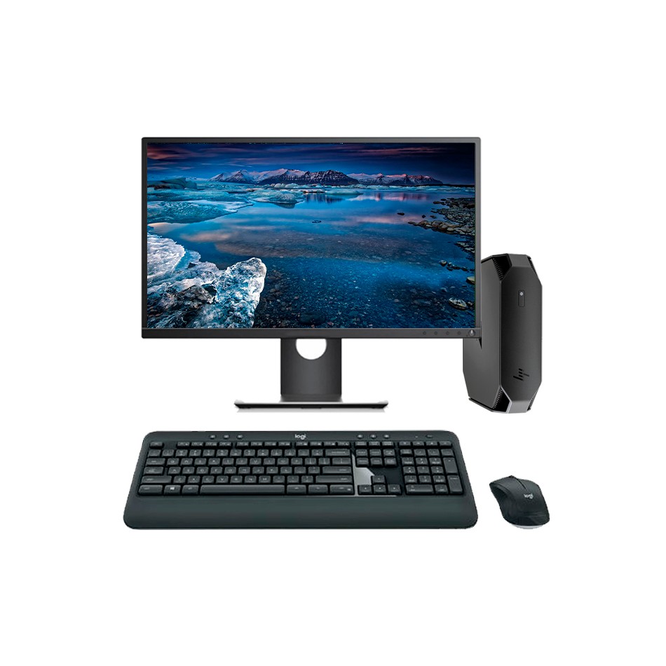 Ordenador reacondicionado HP Z2 G4 Mini PC 8600 con 256 NVMe, teclado, pantalla y ratón.