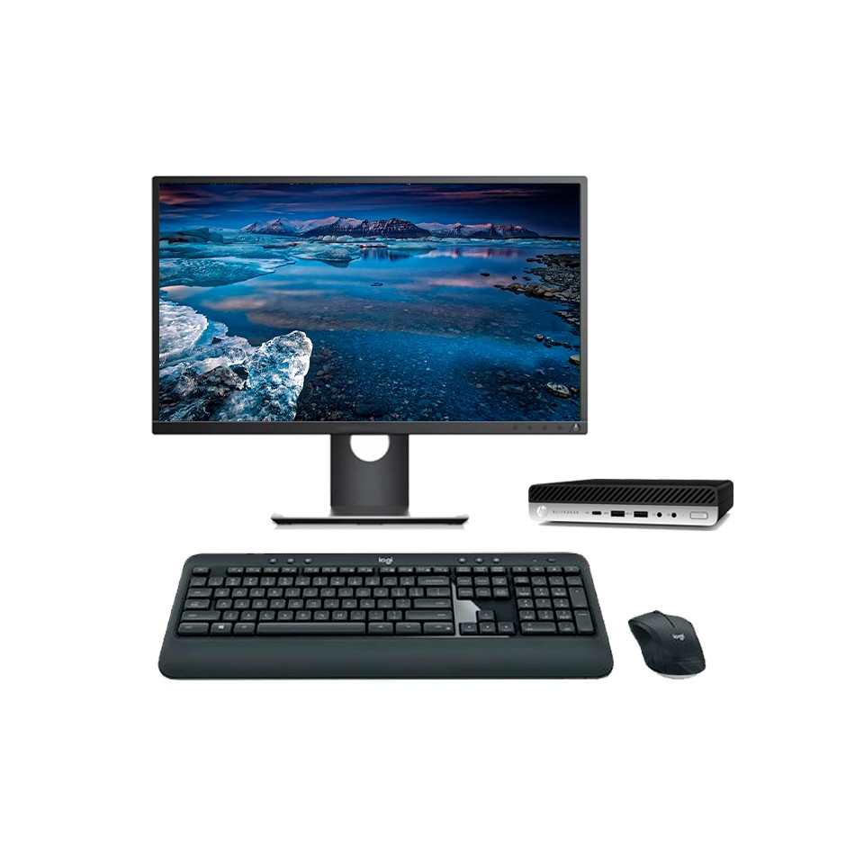 Ordenador reacondicionado HP 800 G5 Mini PC Core i7 9700 con teclado y monitor.