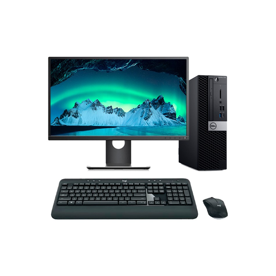Ordenador de sobremesa reacondicionado Dell Optiplex 7070 SFF 9500 con teclado y monitor.