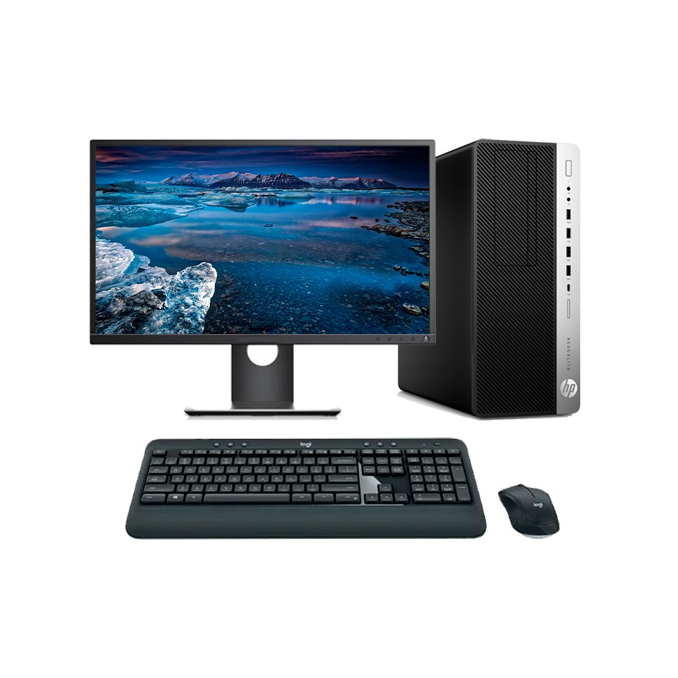 Ordenador reacondicionado HP 800 G3 MT i5 7500 con monitor, teclado y ratón.