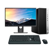 Ordenador reacondicionado HP 800 G5 MT con pantalla de hasta 27", teclado y ratón.