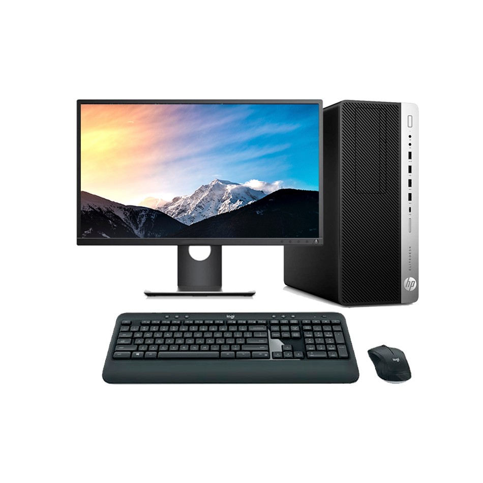 Ordenador reacondicionado HP 800 G5 MT con pantalla de hasta 27", teclado y ratón.