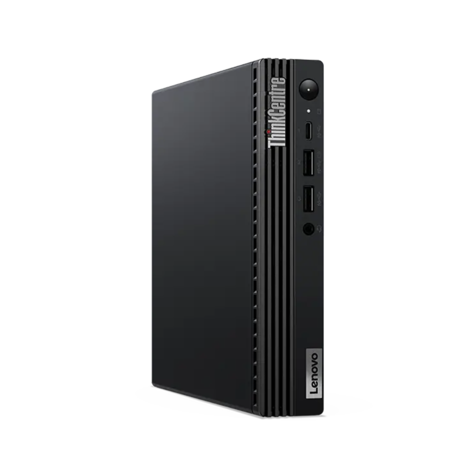 Lenovo ThinkCentre M80q Gen 3 reacondicionado, tiny negro de pie con frontal a la vista