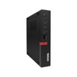 Lenovo ThinkCentre M920q negro tumbado, vista frontal con la franja roja del logotipo y los puertos delanteros