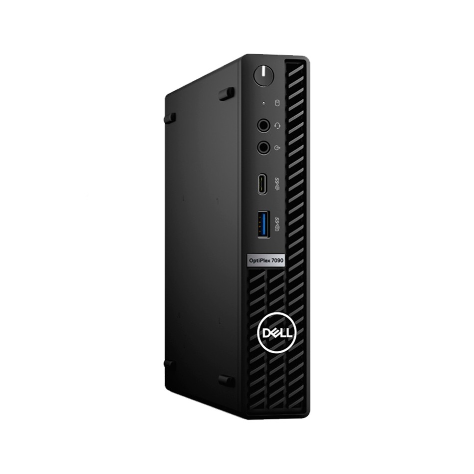 Dell OptiPlex 7090 Micro negro apoyado en vertical, vista frontal con el logotipo Dell y el puerto USB-C