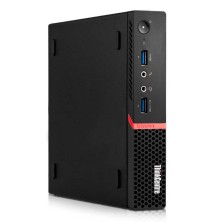 Lenovo ThinkCentre M900 Tiny negro apoyado en vertical, vista frontal con la franja roja y los puertos delanteros