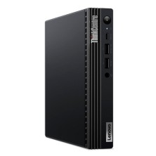 Lenovo ThinkCentre M75q Tiny negro apoyado en vertical, vista frontal con los puertos delanteros