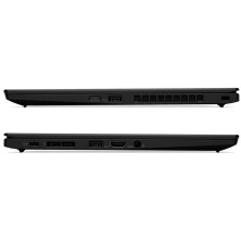 Lenovo ThinkPad X1 Carbon G8 visto de perfil desde el lado opuesto mostrando puertos
