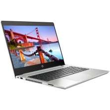 HP ProBook 440 G7 con la tapa abierta, pantalla con vista de un puente al atardecer