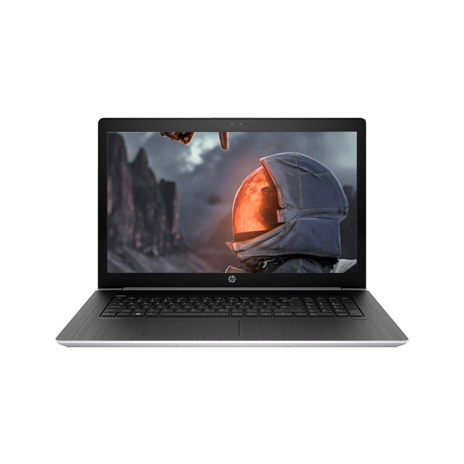 HP ProBook 470 G5 abierto de frente, con un fondo naranja intenso en pantalla