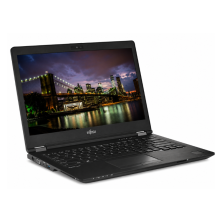 Vista lateral del Fujitsu LifeBook U749 con la pantalla encendida