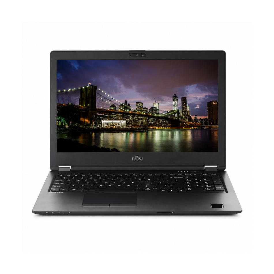 Fujitsu LifeBook U749 abierto, con una ciudad iluminada de noche en la pantalla