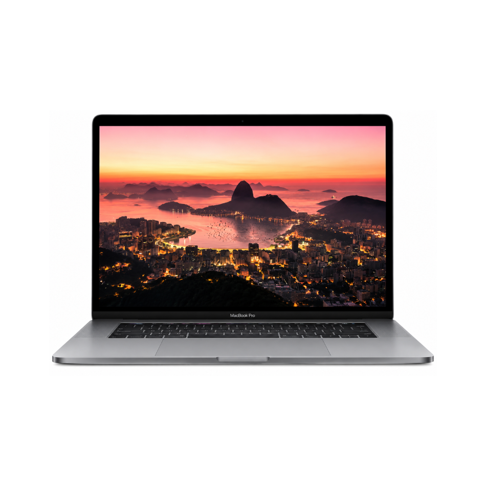 Apple MacBook Pro con la tapa abierta, pantalla mostrando un atardecer