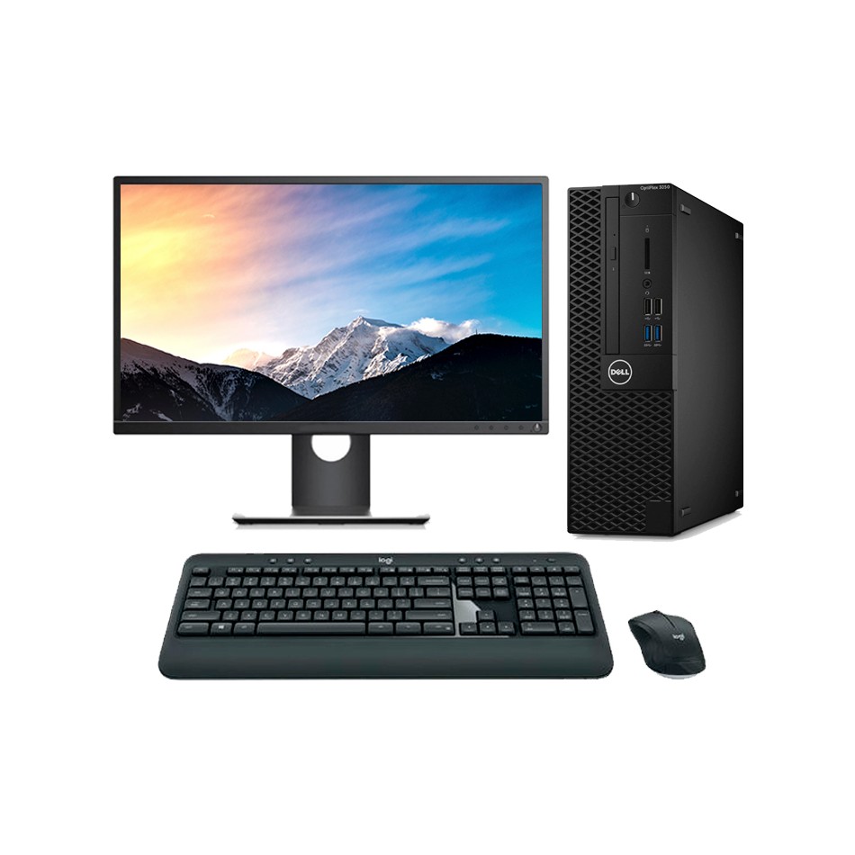 Pack Dell OptiPlex 3040 SFF con monitor de 23 pulgadas encendido y periféricos sobre una mesa de oficina