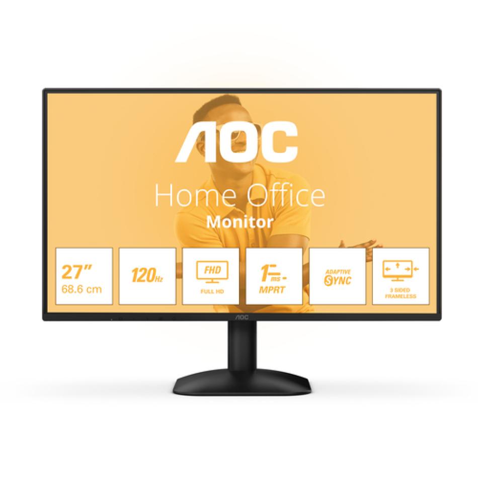 Monitor AOC 27B31H de 27 pulgadas con panel IPS sin marcos y color amplio, de frente sobre su peana