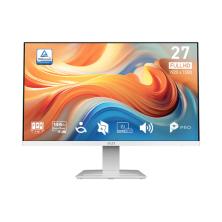 Monitor MSI PRO MP273W de 27 pulgadas en blanco con panel IPS y altavoces integrados, de frente sobre su peana