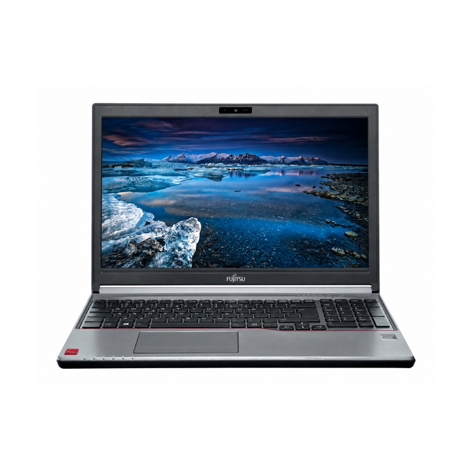Fujitsu LifeBook E754 reacondicionado, vista frontal con la pantalla encendida mostrando un paisaje de agua