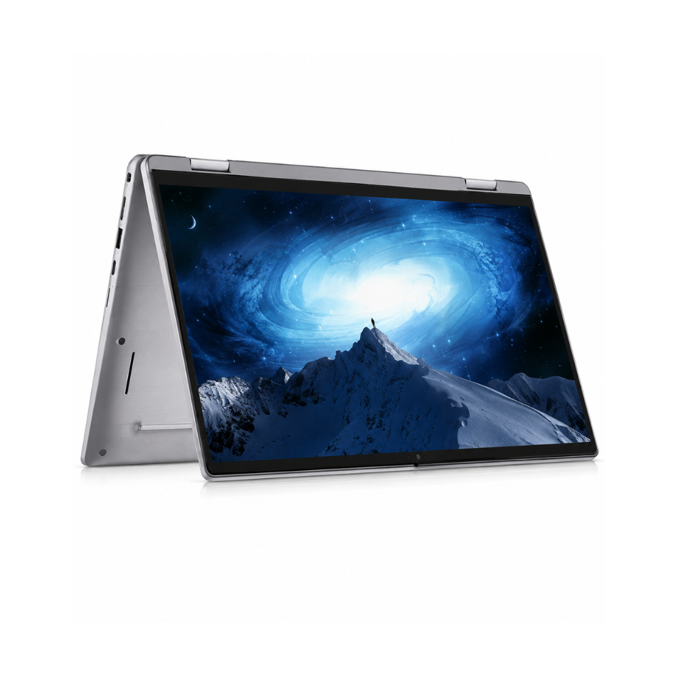 Dell Latitude 7330 convertible reacondicionado, vista frontal en modo tienda de campaña con la pantalla encendida