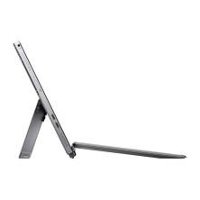 Dell Latitude 7210 en modo tableta con el soporte tipo caballete desplegado, visto de perfil