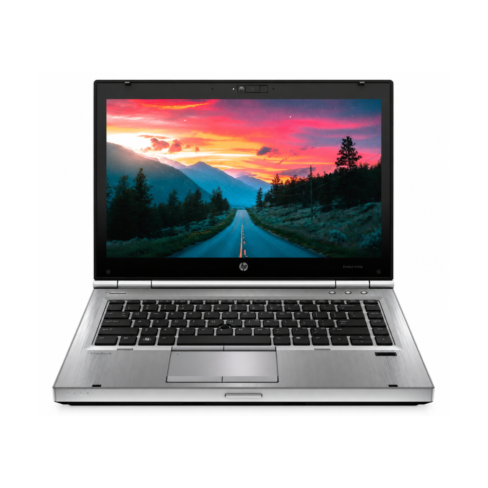HP EliteBook 8470p reacondicionado, vista frontal con la pantalla encendida mostrando una carretera al atardecer