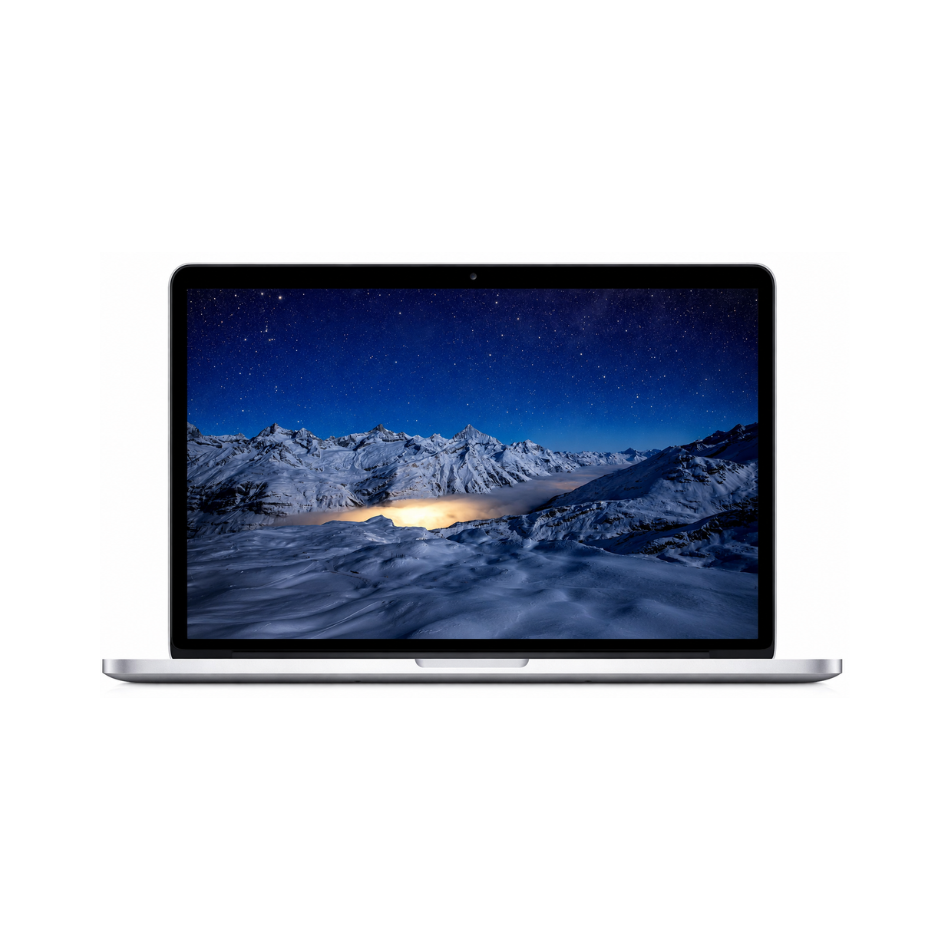 Apple MacBook Pro A1502 reacondicionado, vista frontal con la pantalla Retina encendida mostrando montañas nevadas