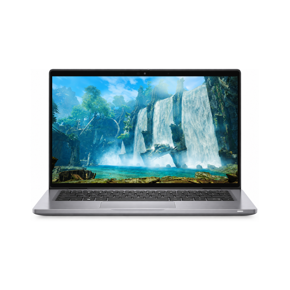 Dell Latitude 7430 en plata reacondicionado, vista frontal con la pantalla encendida mostrando una cascada