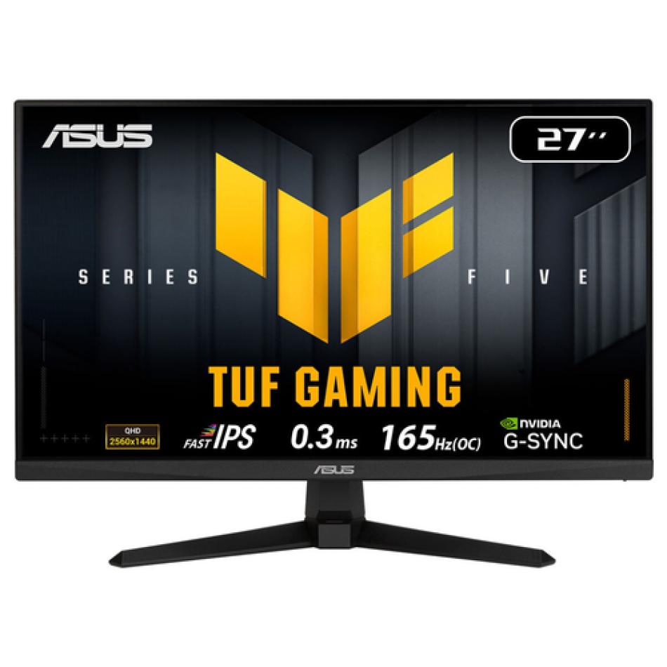 Monitor gaming ASUS TUF Gaming VG27AQE5A de 27 pulgadas con panel Fast IPS QHD, de frente sobre su peana
